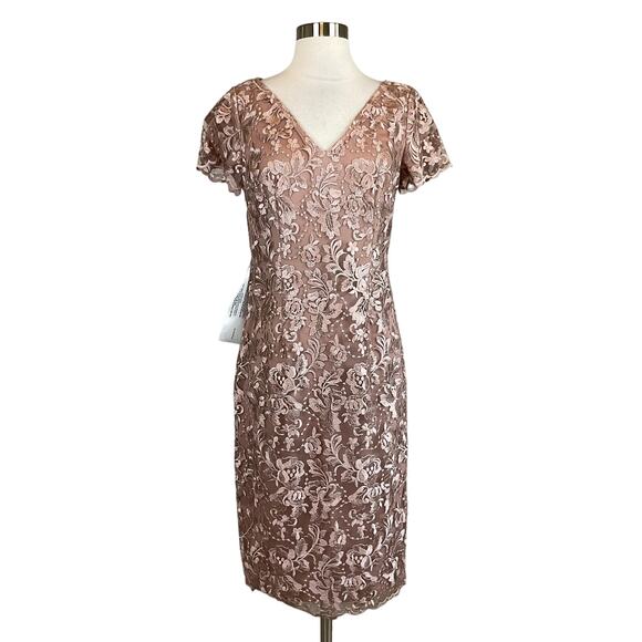 JS Collections Pink Lace Cocktail Dress Size 4 Short Sleeve Midi Sheath - Picture 1 of 12
